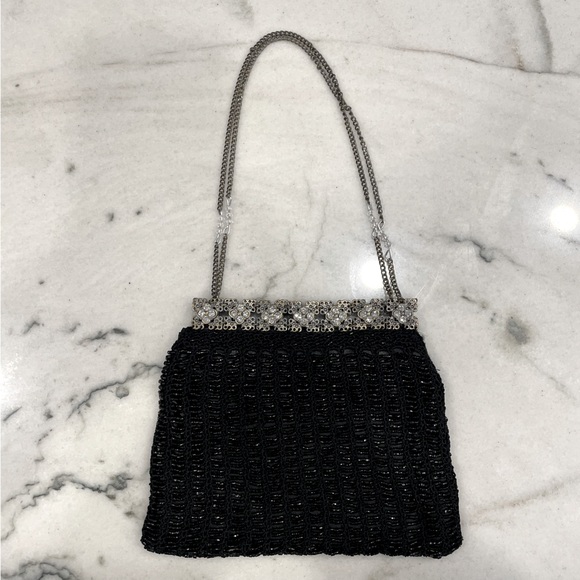 Vintage-style Black beaded evening purse with silver and rhinestone detail. - Picture 1 of 5
